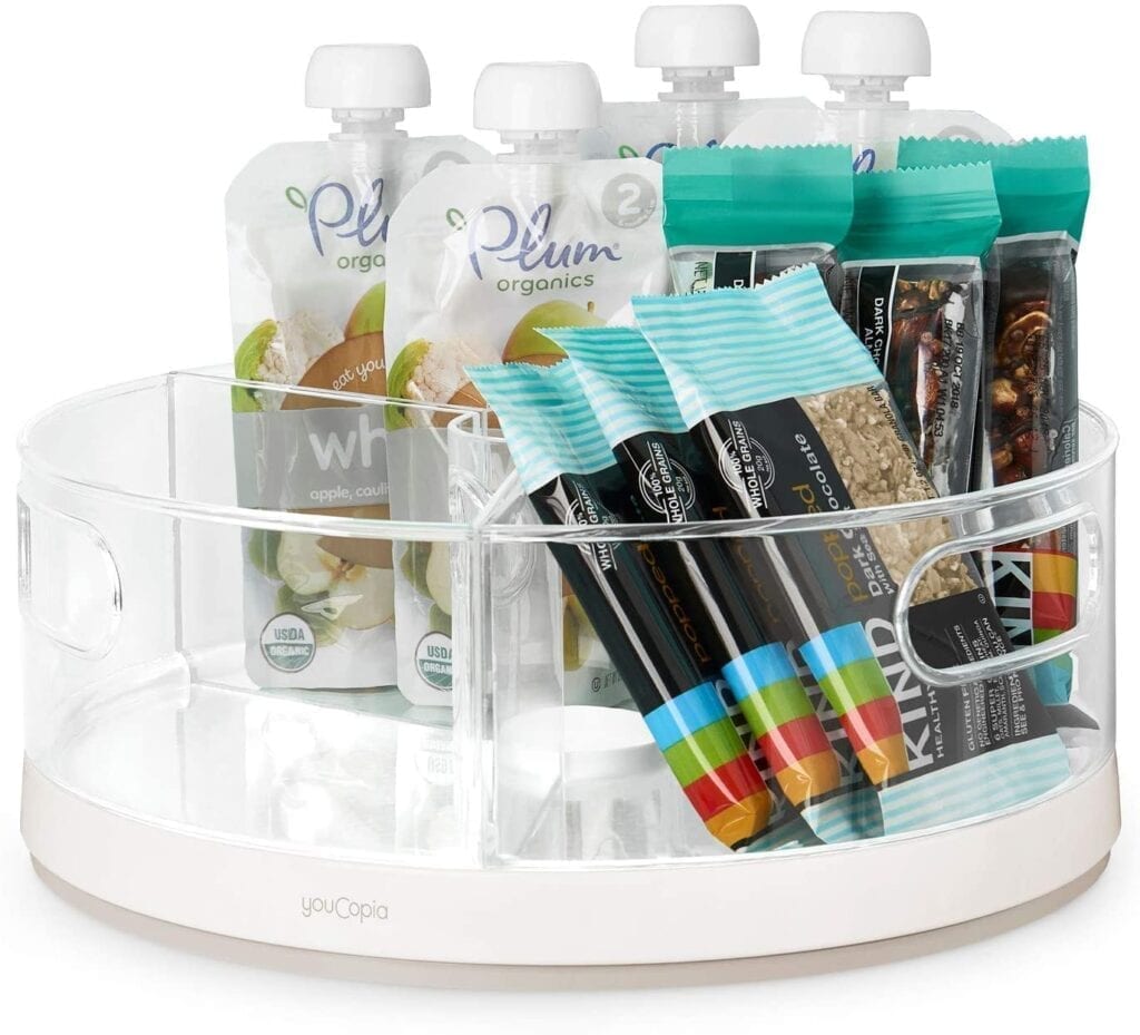 A lazy susan snack organizer for your kitchen organization.