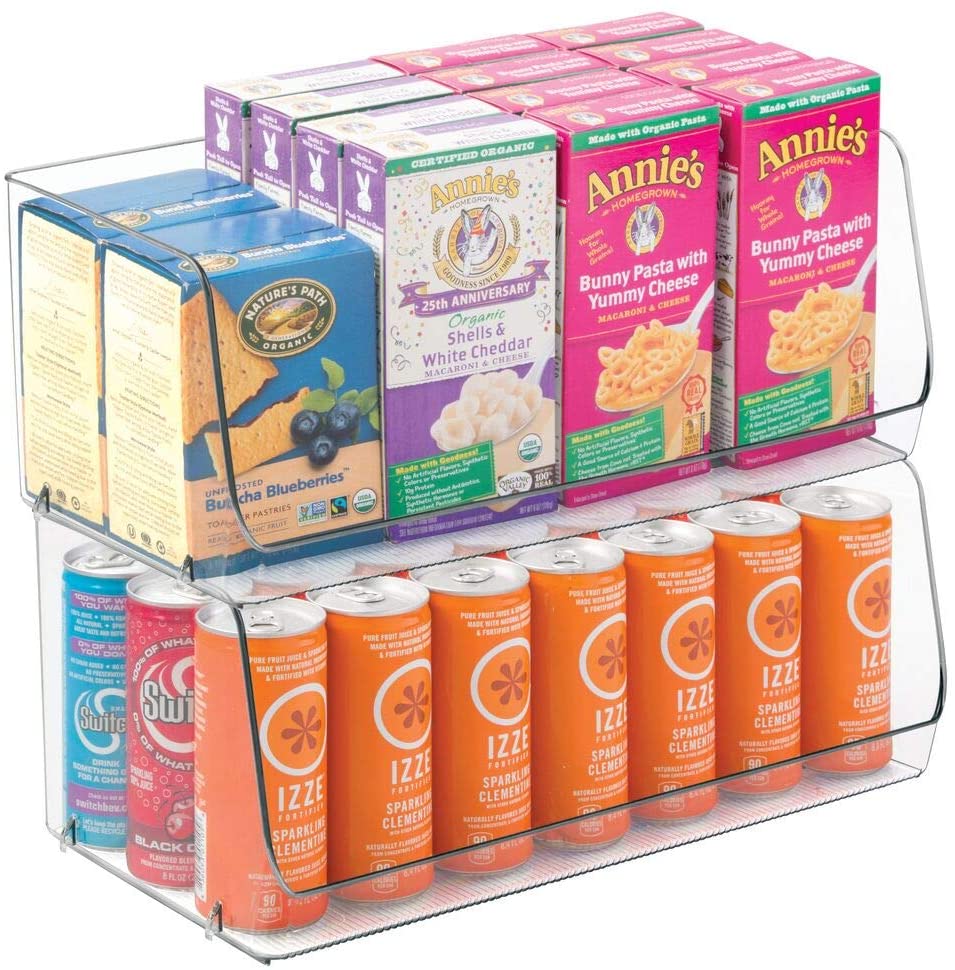 Stackable plastic bins for pantry storage.
