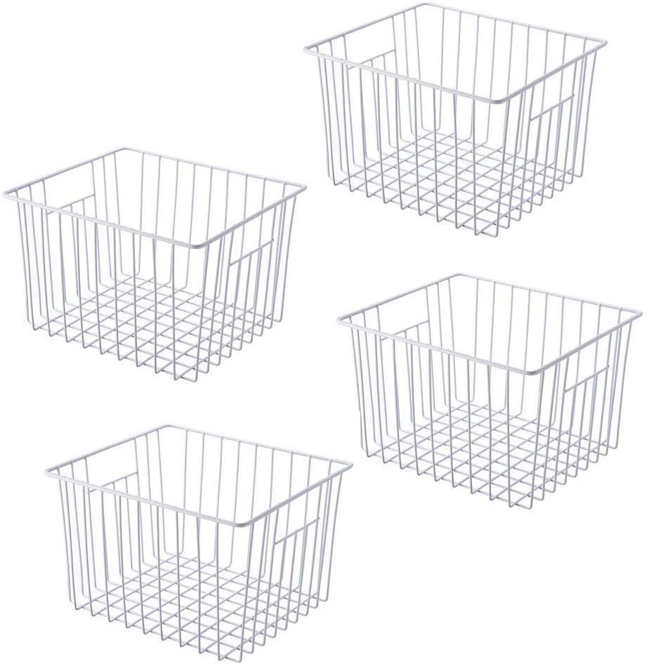 Wire produce baskets for pantry organization.