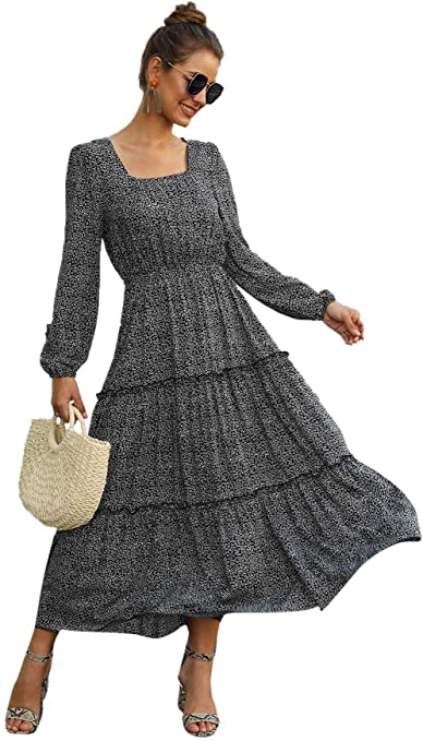 Flared Flowy Chiffon Maxi Dress | Must-Have Long Sleeve Casual Dresses for Fall | Basic Housewife